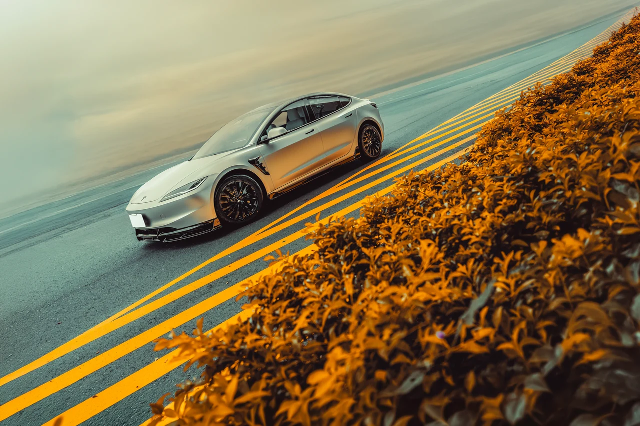 斜向道路標線與暖色植栽間的 Tesla Model 3